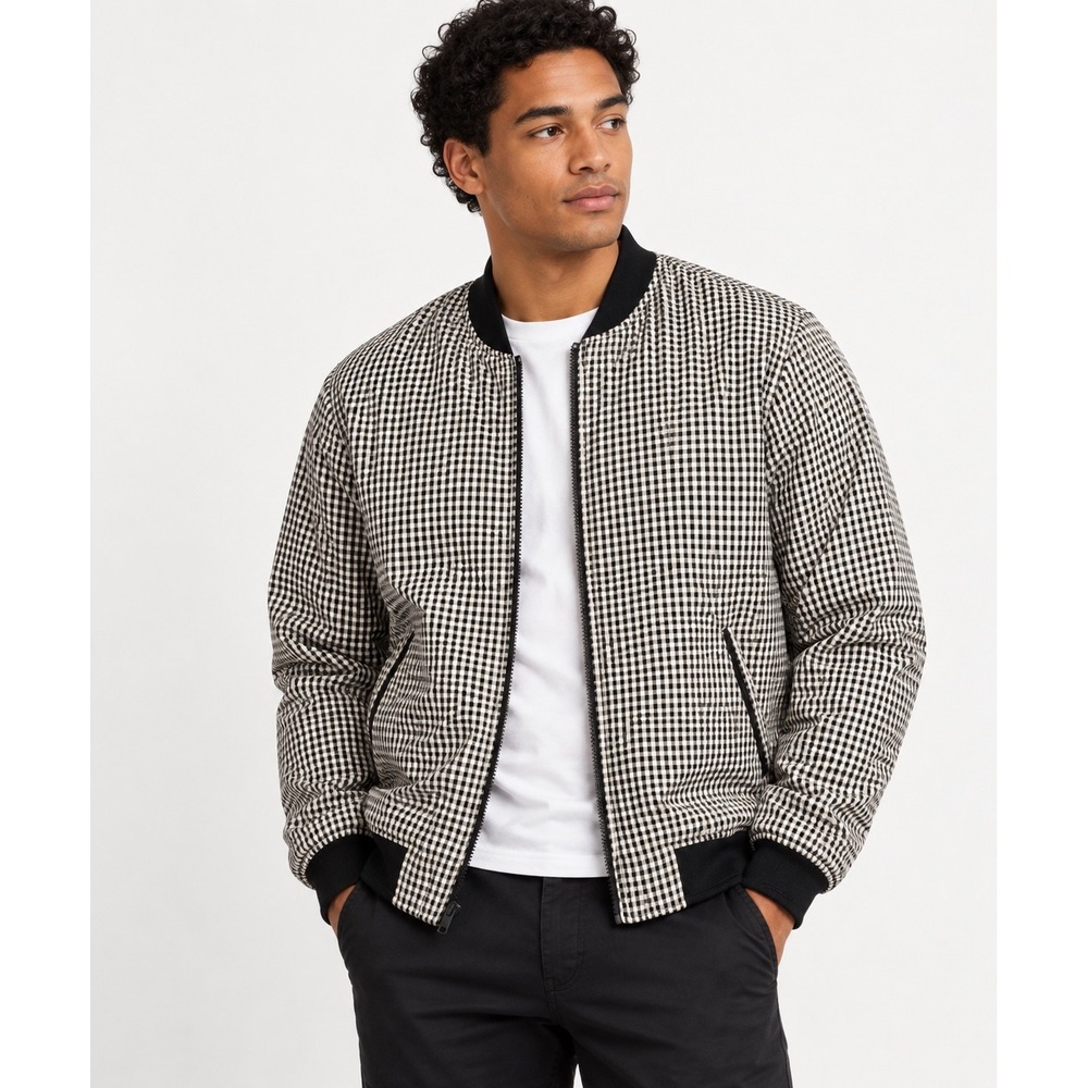 Zara Man Bomber Jacket Gingham Check Full Zip Lightweight Streetwear Black White